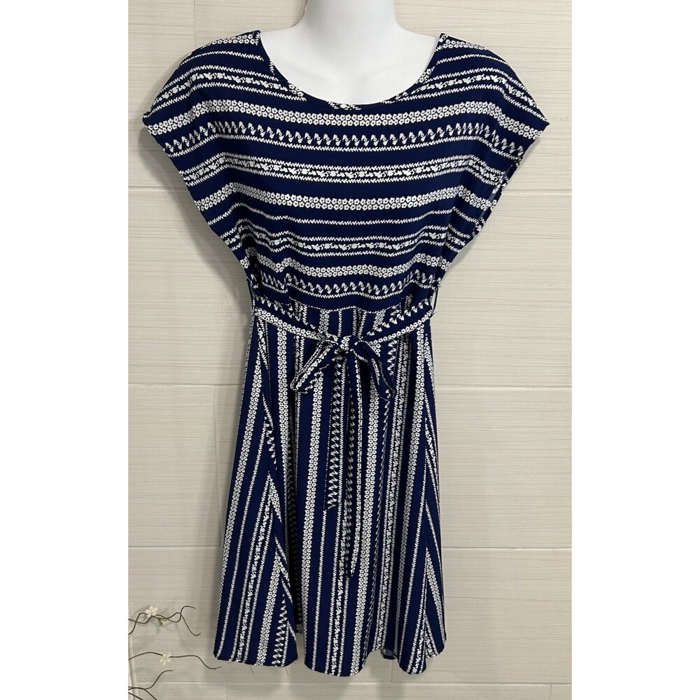 White Blue Floral Stripe Print Lightweight Cap Sleeve Knee Length Dress S, Belt